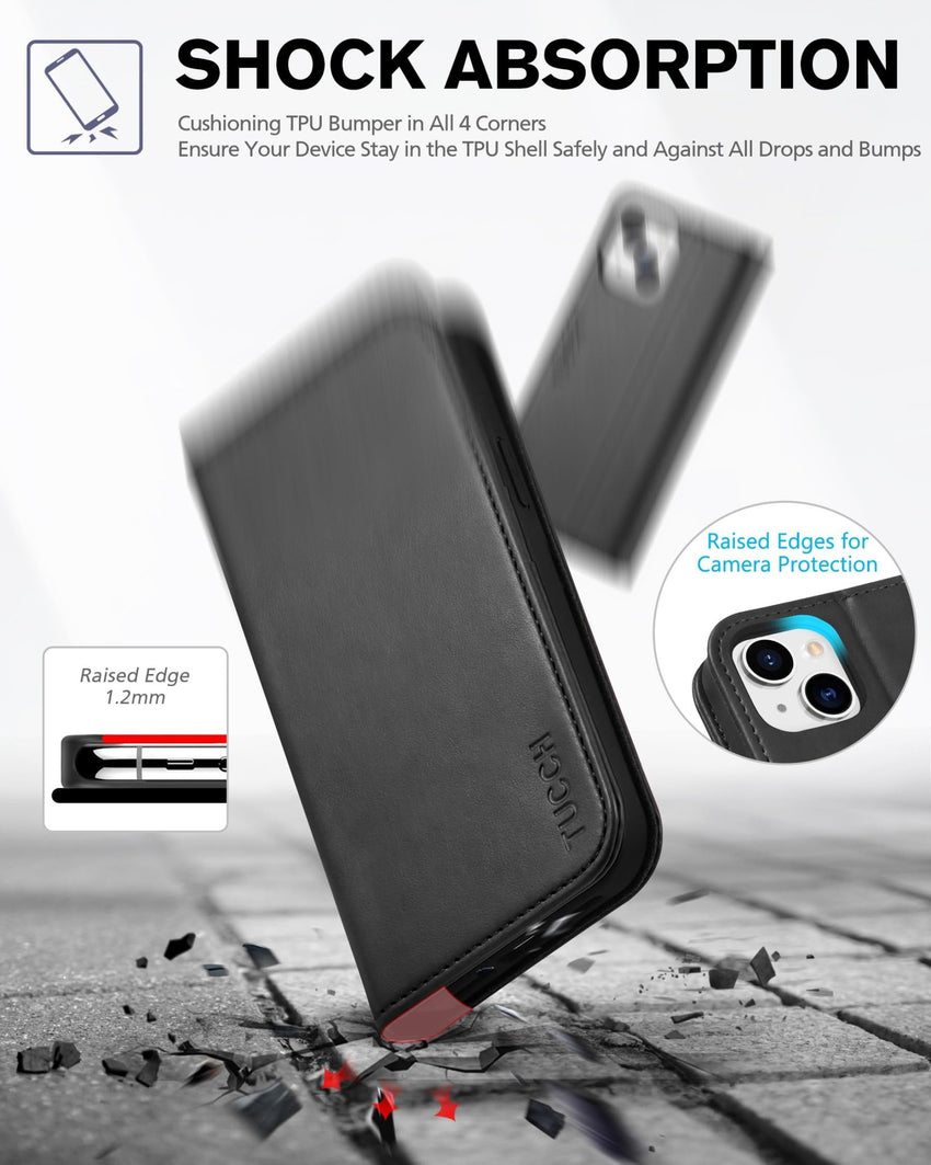 TUCCH Case Wallet for iPhone 13 5G, PU Leather Flip Folio Cover with [3 Card Slots], Stand Book Design [Shockproof TPU Interior Case] Compatible with iPhone 13 6.1 - inch 2021, Black - 7DAY'S