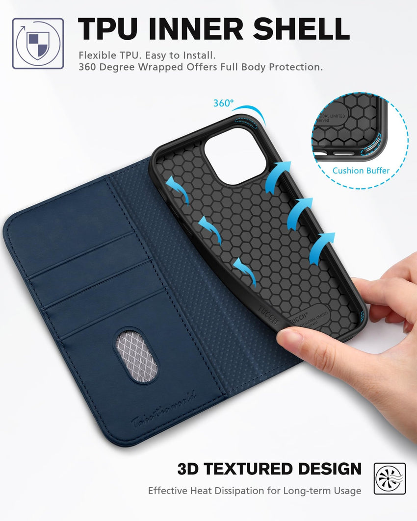 TUCCH Case Wallet for iPhone 13 5G, PU Leather Flip Folio Cover with [3 Card Slots], Stand Book Design [Shockproof TPU Interior Case] Compatible with iPhone 13 6.1 - inch 2021, Black - 7DAY'S
