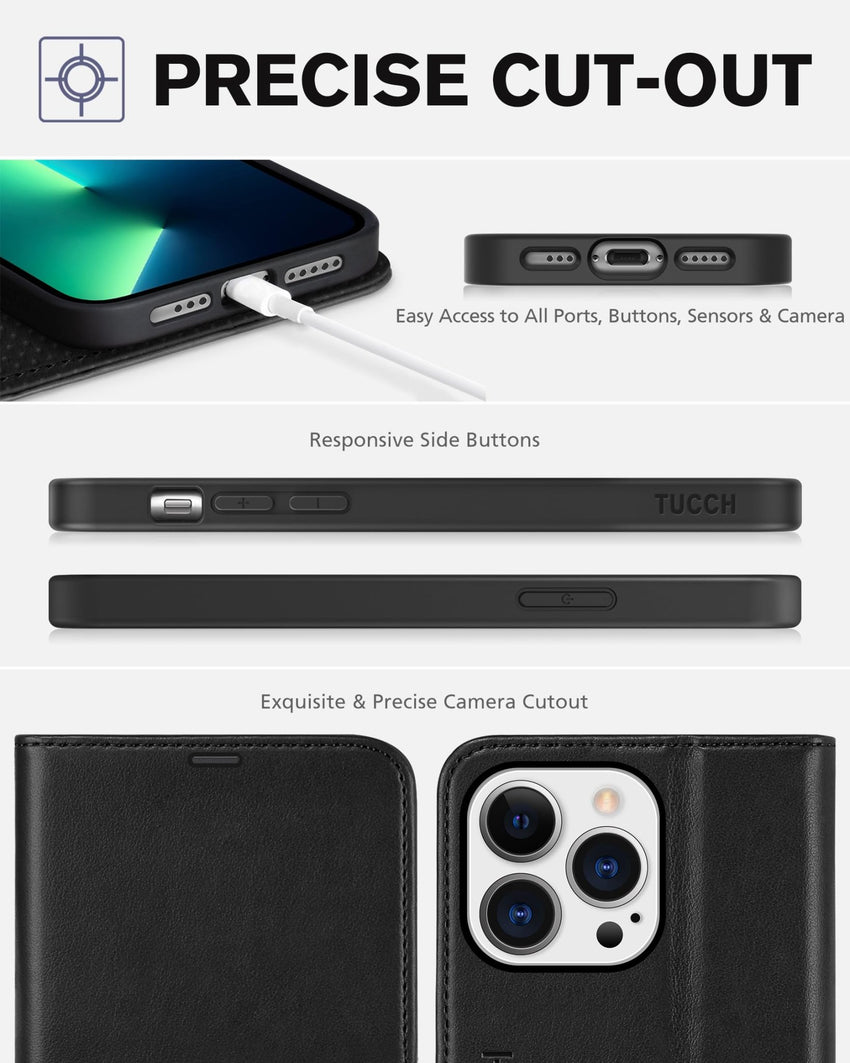 TUCCH Case Wallet for iPhone 13 Pro, RFID Blocking Card Holder Magnetic Stand PU Leather Folio Cover, Protective TPU Shockproof Inner Shell 6.1 - inch 2021, Black - 7DAY'S