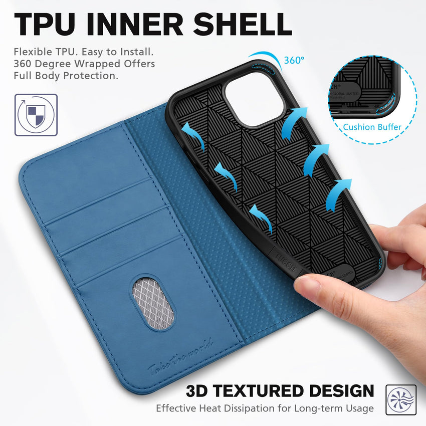 TUCCH Case Wallet for iPhone 14 6.1", [3 Card Holder] Slots [RFID Blocking] Stand Flip Folio PU Leather Cover, with [TPU Shockproof Interior Case] Compatible with iPhone 14 2022, Classic Black - 7DAY'S