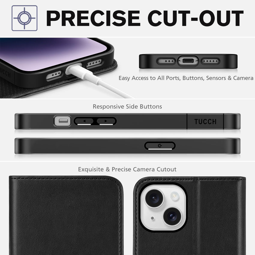 TUCCH Case Wallet for iPhone 14 6.1", [3 Card Holder] Slots [RFID Blocking] Stand Flip Folio PU Leather Cover, with [TPU Shockproof Interior Case] Compatible with iPhone 14 2022, Classic Black - 7DAY'S