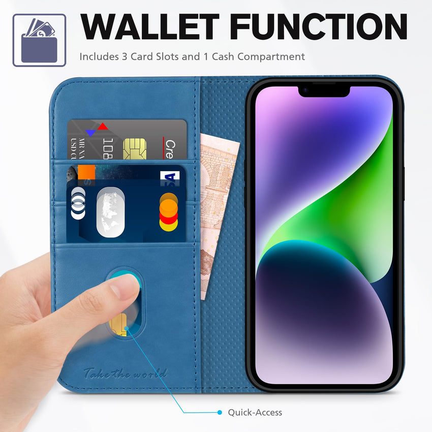 TUCCH Case Wallet for iPhone 14 6.1", [3 Card Holder] Slots [RFID Blocking] Stand Flip Folio PU Leather Cover, with [TPU Shockproof Interior Case] Compatible with iPhone 14 2022, Classic Black - 7DAY'S