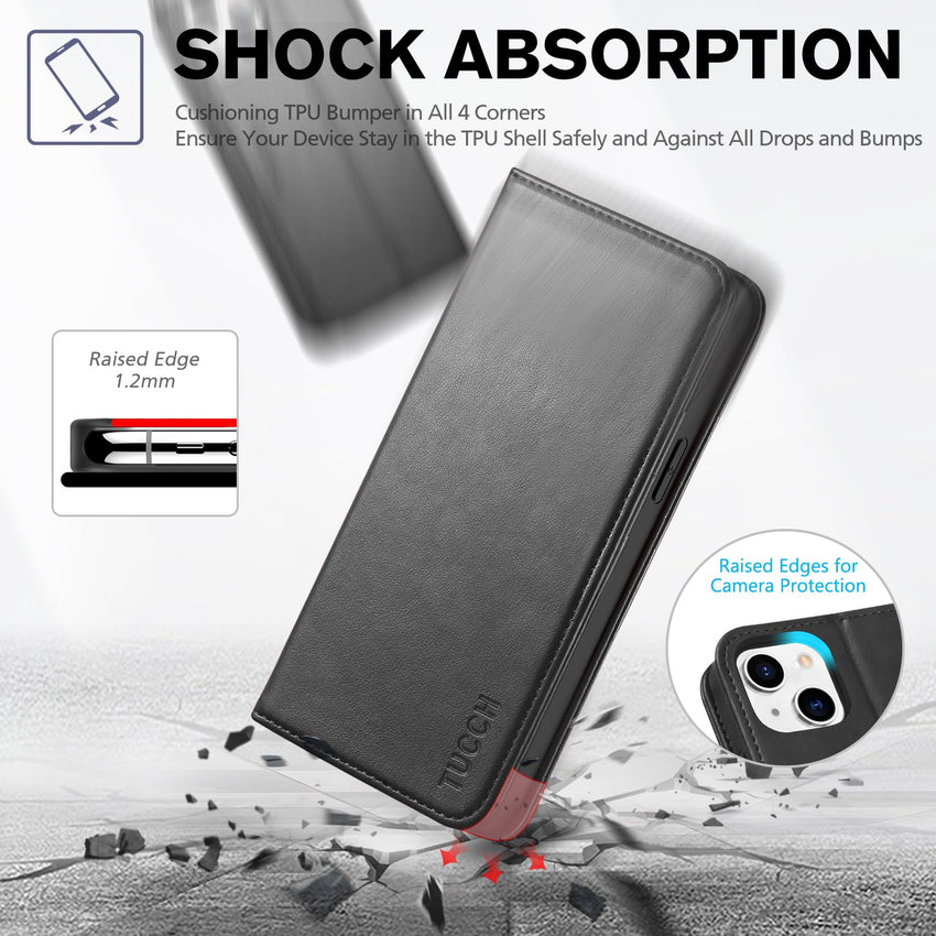 TUCCH Case Wallet for iPhone 14 6.1", [3 Card Holder] Slots [RFID Blocking] Stand Flip Folio PU Leather Cover, with [TPU Shockproof Interior Case] Compatible with iPhone 14 2022, Classic Black - 7DAY'S