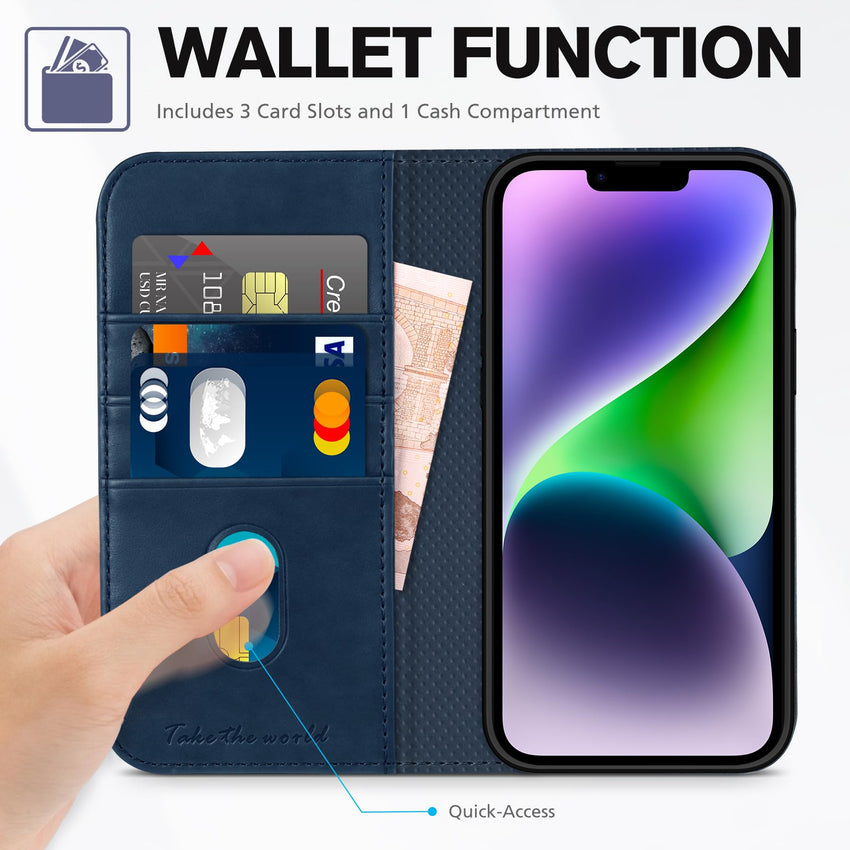 TUCCH Case Wallet for iPhone 14 6.1", [3 Card Holder] Slots [RFID Blocking] Stand Flip Folio PU Leather Cover, with [TPU Shockproof Interior Case] Compatible with iPhone 14 2022, Classic Black - 7DAY'S