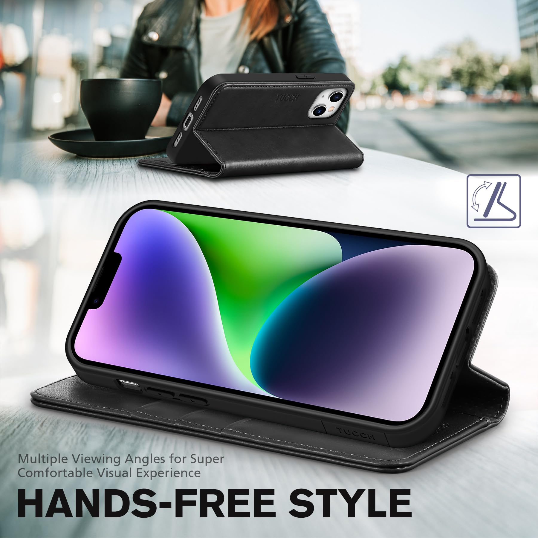TUCCH Case Wallet for iPhone 14 6.1", [3 Card Holder] Slots [RFID Blocking] Stand Flip Folio PU Leather Cover, with [TPU Shockproof Interior Case] Compatible with iPhone 14 2022, Classic Black - 7DAY'S