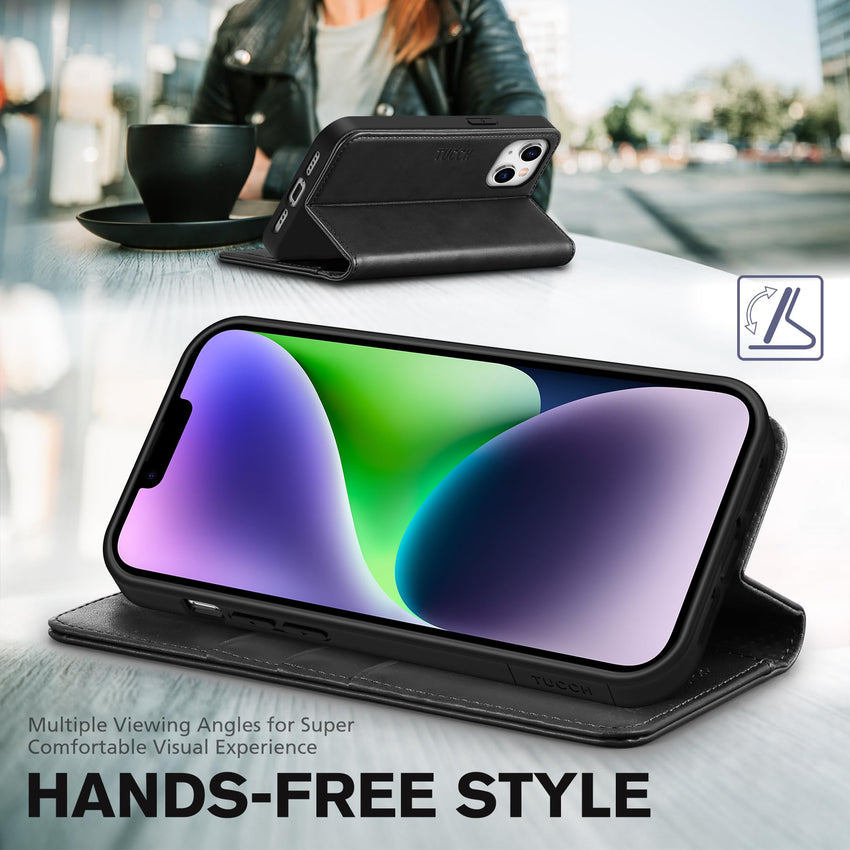 TUCCH Case Wallet for iPhone 14 6.1", [3 Card Holder] Slots [RFID Blocking] Stand Flip Folio PU Leather Cover, with [TPU Shockproof Interior Case] Compatible with iPhone 14 2022, Classic Black - 7DAY'S
