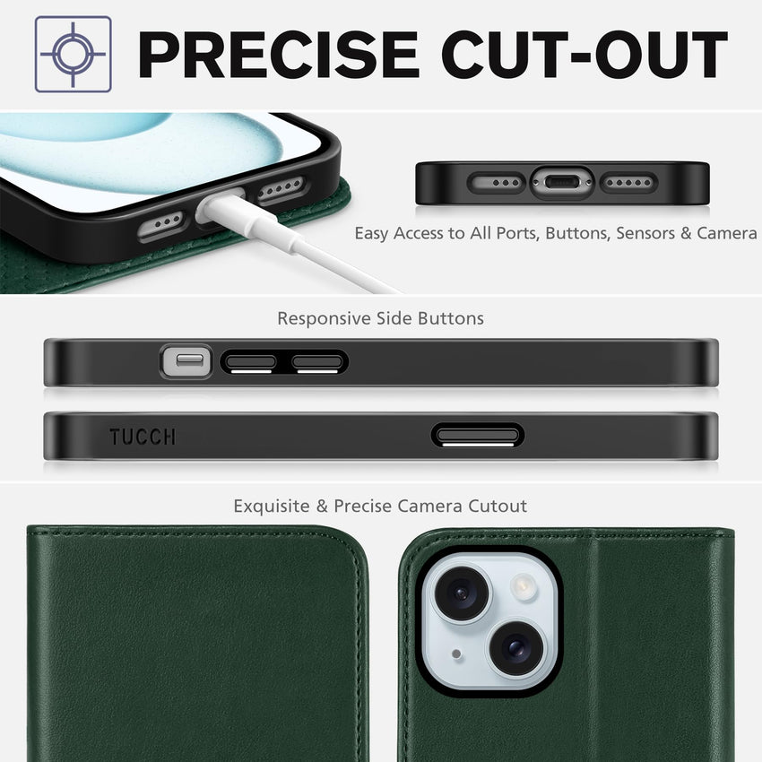 TUCCH Case Wallet for iPhone 15 6.1", [3 Card Slots] Kickstand PU Leather [RFID Blocking] Case, Flip Folio Cover with [TPU Shockproof Interior Shell] Compatible with iPhone 15 5G 2023, Classic Black - 7DAY'S