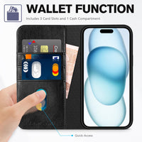 TUCCH Case Wallet for iPhone 15 6.1", [3 Card Slots] Kickstand PU Leather [RFID Blocking] Case, Flip Folio Cover with [TPU Shockproof Interior Shell] Compatible with iPhone 15 5G 2023, Classic Black - 7DAY'S