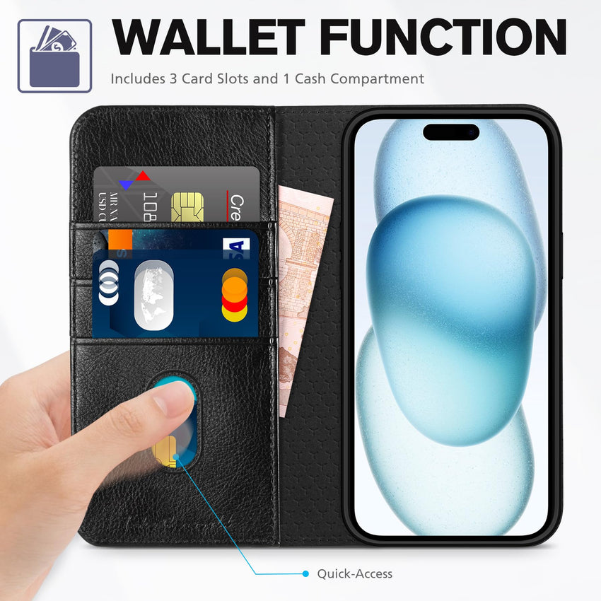 TUCCH Case Wallet for iPhone 15 6.1", [3 Card Slots] Kickstand PU Leather [RFID Blocking] Case, Flip Folio Cover with [TPU Shockproof Interior Shell] Compatible with iPhone 15 5G 2023, Classic Black - 7DAY'S
