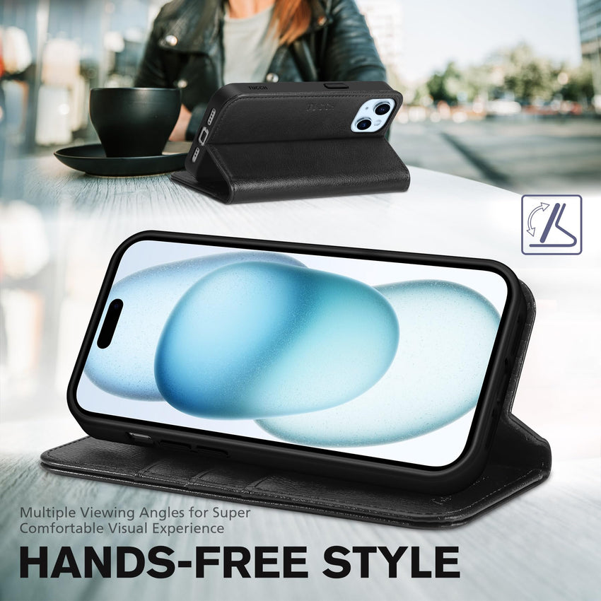 TUCCH Case Wallet for iPhone 15 6.1", [3 Card Slots] Kickstand PU Leather [RFID Blocking] Case, Flip Folio Cover with [TPU Shockproof Interior Shell] Compatible with iPhone 15 5G 2023, Classic Black - 7DAY'S
