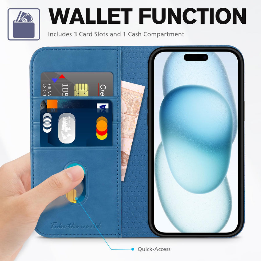 TUCCH Case Wallet for iPhone 15 6.1", [3 Card Slots] Kickstand PU Leather [RFID Blocking] Case, Flip Folio Cover with [TPU Shockproof Interior Shell] Compatible with iPhone 15 5G 2023, Classic Black - 7DAY'S