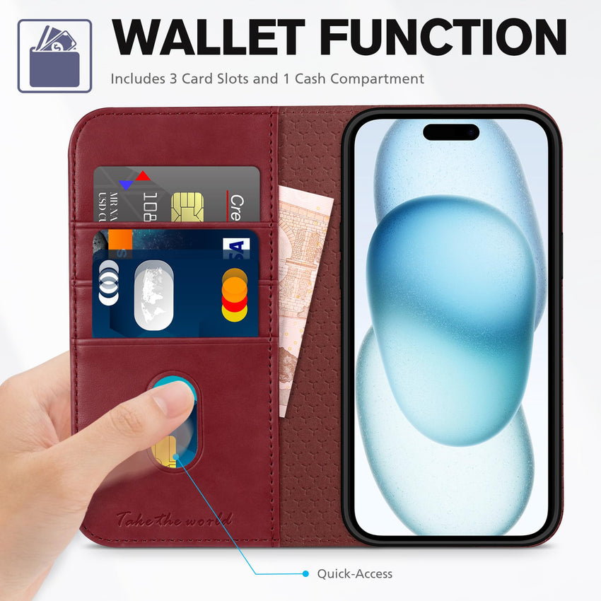 TUCCH Case Wallet for iPhone 15 6.1", [3 Card Slots] Kickstand PU Leather [RFID Blocking] Case, Flip Folio Cover with [TPU Shockproof Interior Shell] Compatible with iPhone 15 5G 2023, Classic Black - 7DAY'S