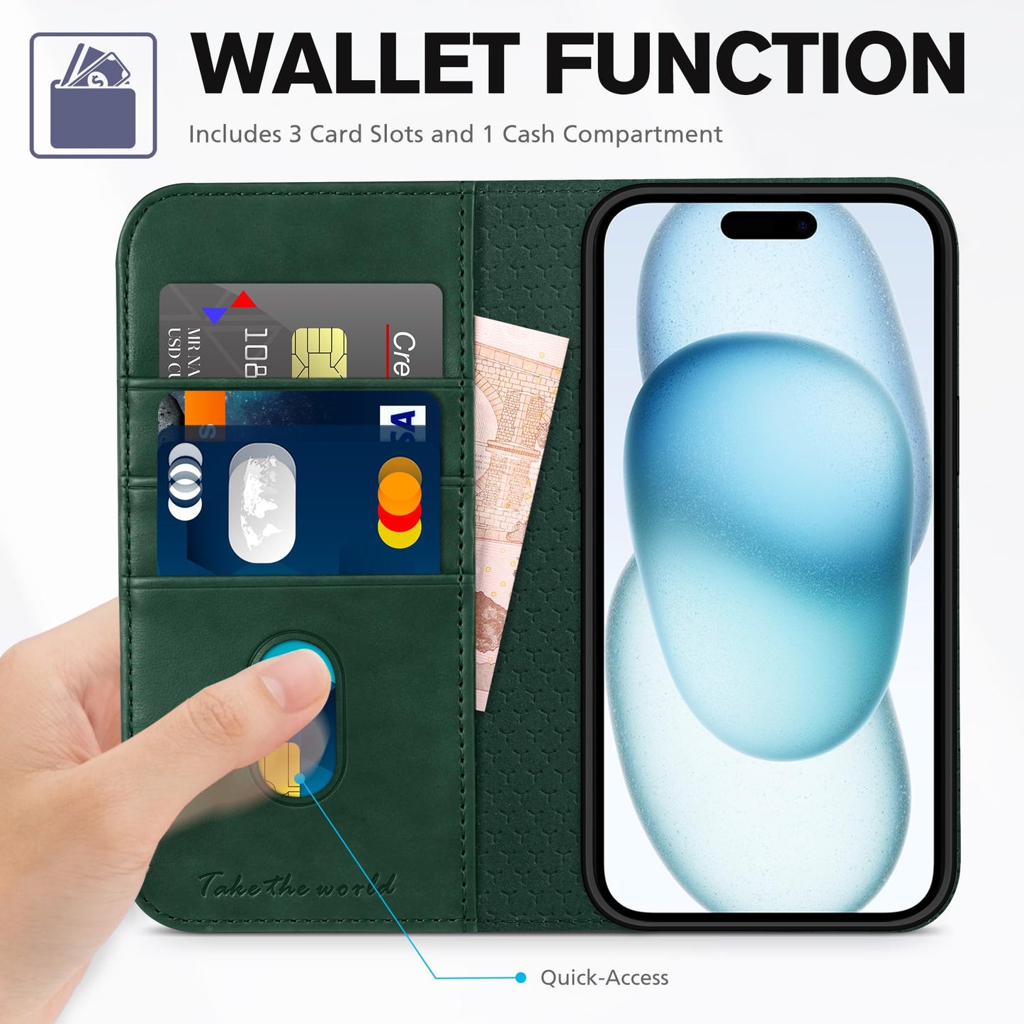 TUCCH Case Wallet for iPhone 15 6.1", [3 Card Slots] Kickstand PU Leather [RFID Blocking] Case, Flip Folio Cover with [TPU Shockproof Interior Shell] Compatible with iPhone 15 5G 2023, Classic Black - 7DAY'S