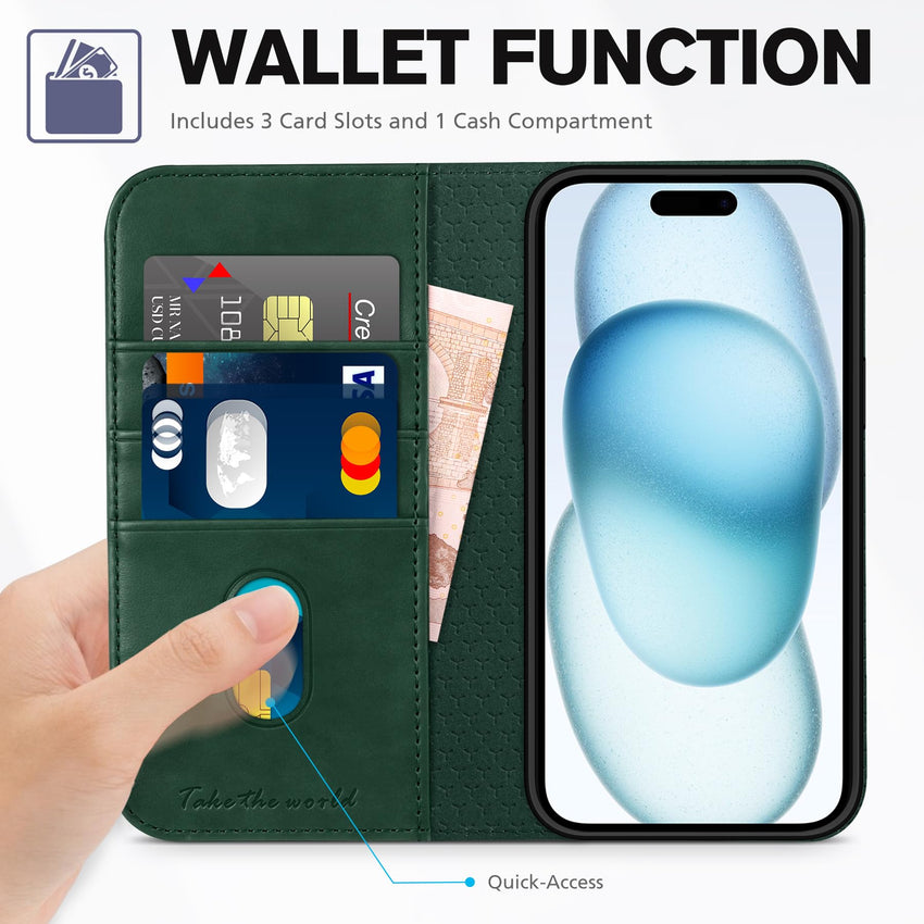 TUCCH Case Wallet for iPhone 15 6.1", [3 Card Slots] Kickstand PU Leather [RFID Blocking] Case, Flip Folio Cover with [TPU Shockproof Interior Shell] Compatible with iPhone 15 5G 2023, Classic Black - 7DAY'S