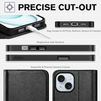 TUCCH Case Wallet for iPhone 15 6.1", [3 Card Slots] Kickstand PU Leather [RFID Blocking] Case, Flip Folio Cover with [TPU Shockproof Interior Shell] Compatible with iPhone 15 5G 2023, Classic Black - 7DAY'S