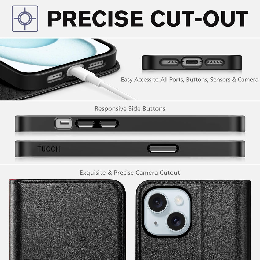 TUCCH Case Wallet for iPhone 15 6.1", [3 Card Slots] Kickstand PU Leather [RFID Blocking] Case, Flip Folio Cover with [TPU Shockproof Interior Shell] Compatible with iPhone 15 5G 2023, Classic Black - 7DAY'S