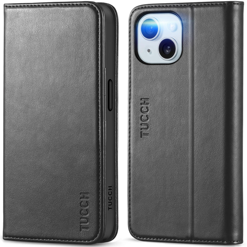 TUCCH Case Wallet for iPhone 15 6.1", [3 Card Slots] Kickstand PU Leather [RFID Blocking] Case, Flip Folio Cover with [TPU Shockproof Interior Shell] Compatible with iPhone 15 5G 2023, Classic Black - 7DAY'S