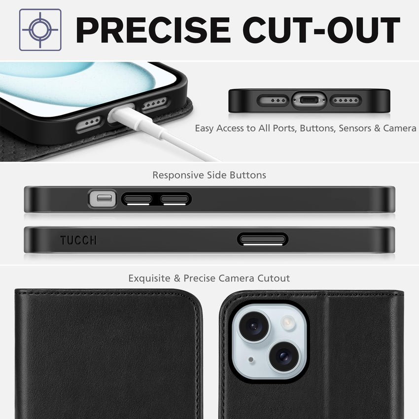 TUCCH Case Wallet for iPhone 15 6.1", [3 Card Slots] Kickstand PU Leather [RFID Blocking] Case, Flip Folio Cover with [TPU Shockproof Interior Shell] Compatible with iPhone 15 5G 2023, Classic Black - 7DAY'S