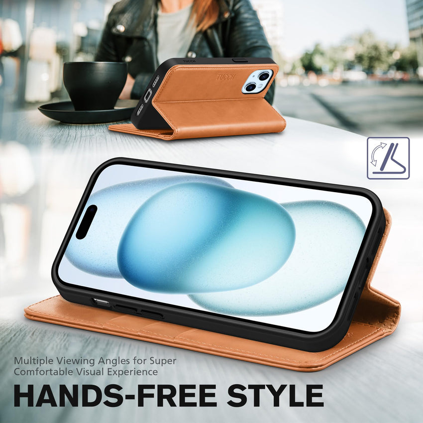 TUCCH Case Wallet for iPhone 15 6.1", [3 Card Slots] Kickstand PU Leather [RFID Blocking] Case, Flip Folio Cover with [TPU Shockproof Interior Shell] Compatible with iPhone 15 5G 2023, Classic Black - 7DAY'S