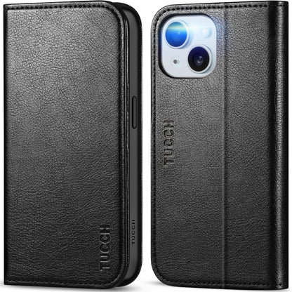 TUCCH Case Wallet for iPhone 15 6.1", [3 Card Slots] Kickstand PU Leather [RFID Blocking] Case, Flip Folio Cover with [TPU Shockproof Interior Shell] Compatible with iPhone 15 5G 2023, Classic Black - 7DAY'S