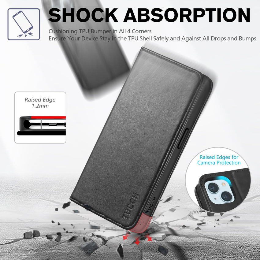 TUCCH Case Wallet for iPhone 15 6.1", [3 Card Slots] Kickstand PU Leather [RFID Blocking] Case, Flip Folio Cover with [TPU Shockproof Interior Shell] Compatible with iPhone 15 5G 2023, Classic Black - 7DAY'S