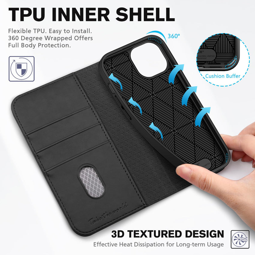 TUCCH Case Wallet for iPhone 15 6.1", [3 Card Slots] Kickstand PU Leather [RFID Blocking] Case, Flip Folio Cover with [TPU Shockproof Interior Shell] Compatible with iPhone 15 5G 2023, Classic Black - 7DAY'S