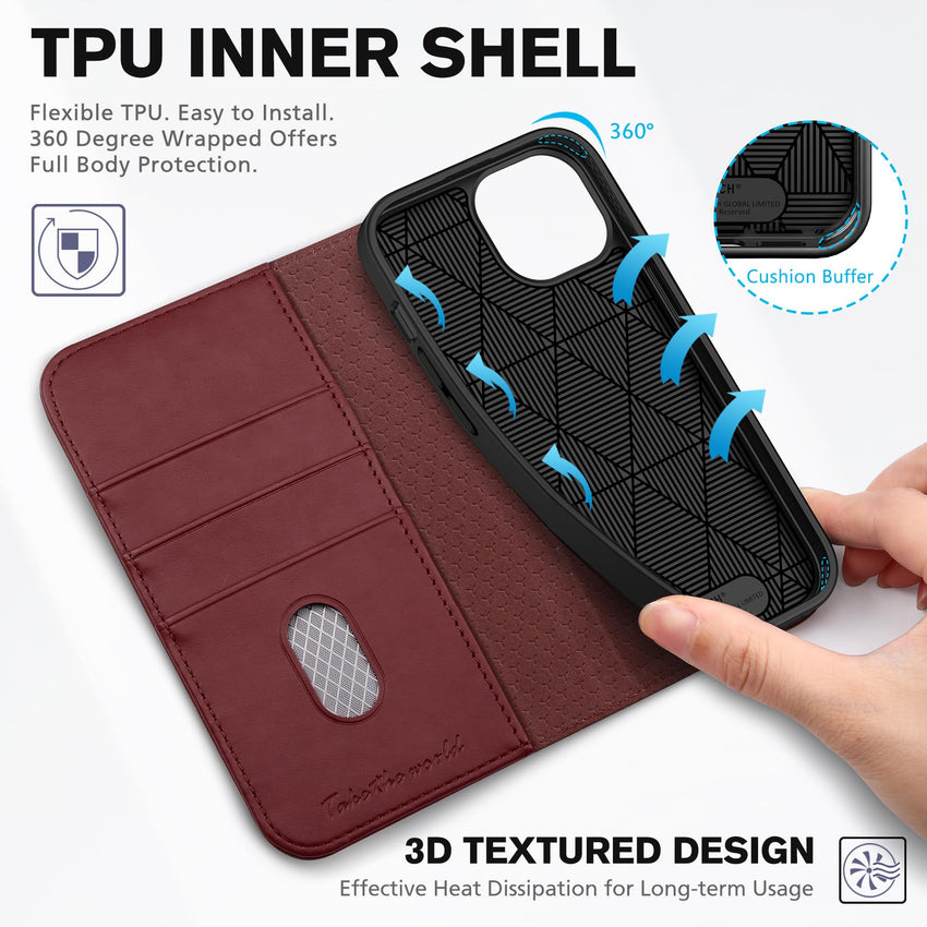 TUCCH Case Wallet for iPhone 15 6.1", [3 Card Slots] Kickstand PU Leather [RFID Blocking] Case, Flip Folio Cover with [TPU Shockproof Interior Shell] Compatible with iPhone 15 5G 2023, Classic Black - 7DAY'S