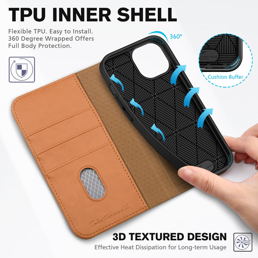 TUCCH Case Wallet for iPhone 15 6.1", [3 Card Slots] Kickstand PU Leather [RFID Blocking] Case, Flip Folio Cover with [TPU Shockproof Interior Shell] Compatible with iPhone 15 5G 2023, Classic Black - 7DAY'S