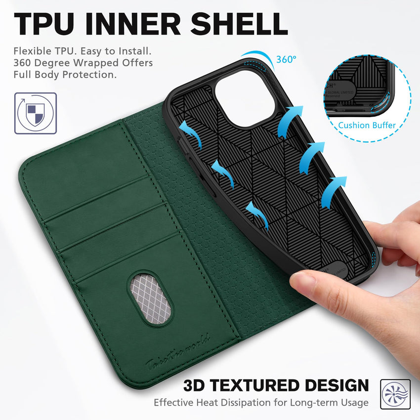 TUCCH Case Wallet for iPhone 15 6.1", [3 Card Slots] Kickstand PU Leather [RFID Blocking] Case, Flip Folio Cover with [TPU Shockproof Interior Shell] Compatible with iPhone 15 5G 2023, Classic Black - 7DAY'S
