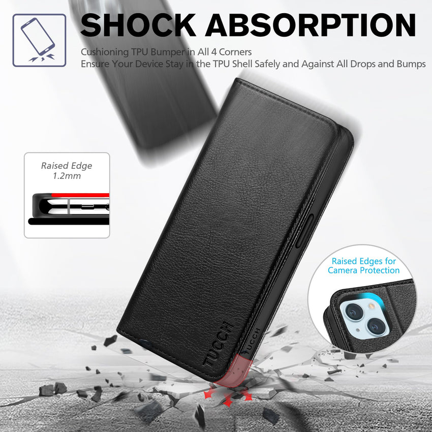 TUCCH Case Wallet for iPhone 15 6.1", [3 Card Slots] Kickstand PU Leather [RFID Blocking] Case, Flip Folio Cover with [TPU Shockproof Interior Shell] Compatible with iPhone 15 5G 2023, Classic Black - 7DAY'S