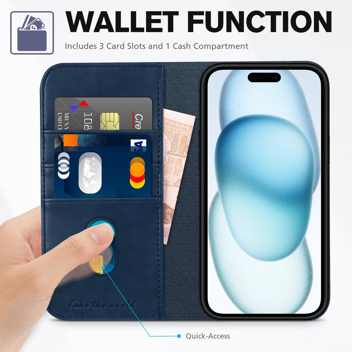 TUCCH Case Wallet for iPhone 15 6.1", [3 Card Slots] Kickstand PU Leather [RFID Blocking] Case, Flip Folio Cover with [TPU Shockproof Interior Shell] Compatible with iPhone 15 5G 2023, Classic Black - 7DAY'S