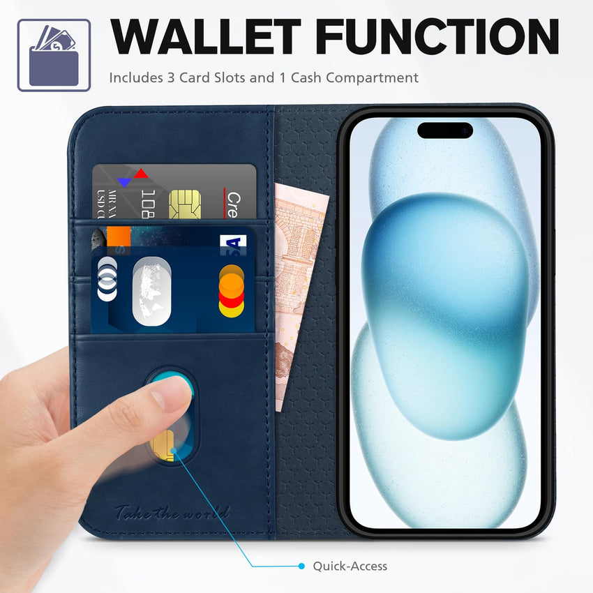 TUCCH Case Wallet for iPhone 15 6.1", [3 Card Slots] Kickstand PU Leather [RFID Blocking] Case, Flip Folio Cover with [TPU Shockproof Interior Shell] Compatible with iPhone 15 5G 2023, Classic Black - 7DAY'S