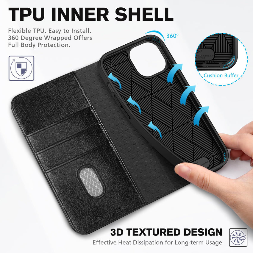 TUCCH Case Wallet for iPhone 15 6.1", [3 Card Slots] Kickstand PU Leather [RFID Blocking] Case, Flip Folio Cover with [TPU Shockproof Interior Shell] Compatible with iPhone 15 5G 2023, Classic Black - 7DAY'S