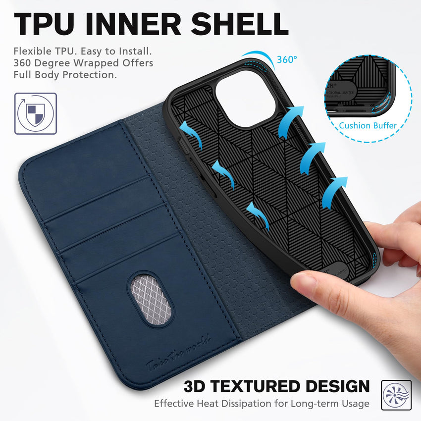 TUCCH Case Wallet for iPhone 15 6.1", [3 Card Slots] Kickstand PU Leather [RFID Blocking] Case, Flip Folio Cover with [TPU Shockproof Interior Shell] Compatible with iPhone 15 5G 2023, Classic Black - 7DAY'S