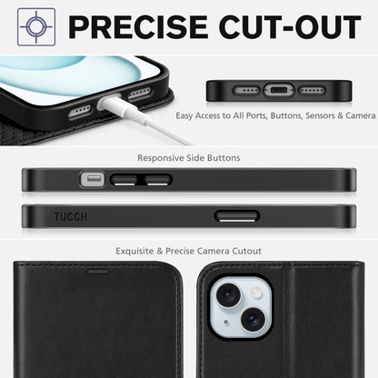 TUCCH Case Wallet for iPhone 15 Plus, [RFID Blocking] 4 Card Holder Kickstand [Shockproof TPU Interior Case] PU Leather Magnetic Protective Flip Cover 6.7", Black - 7DAY'S
