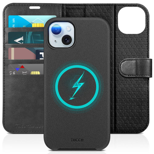 TUCCH Case Wallet for iPhone 15 Plus, [RFID Blocking] 4 Card Holder Kickstand [Shockproof TPU Interior Case] PU Leather Magnetic Protective Flip Cover 6.7", Black - 7DAY'S