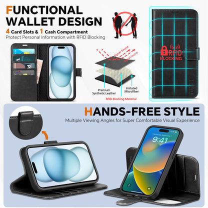 TUCCH Case Wallet for iPhone 15 Plus, [RFID Blocking] 4 Card Holder Kickstand [Shockproof TPU Interior Case] PU Leather Magnetic Protective Flip Cover 6.7", Black - 7DAY'S