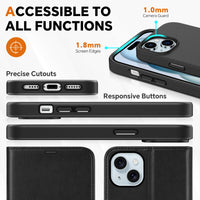 TUCCH Case Wallet for iPhone 15 Plus, [RFID Blocking] 4 Card Holder Kickstand [Shockproof TPU Interior Case] PU Leather Magnetic Protective Flip Cover 6.7", Black - 7DAY'S