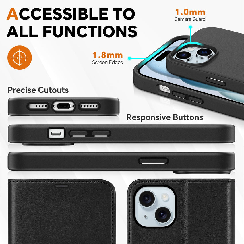 TUCCH Case Wallet for iPhone 15 Plus, [RFID Blocking] 4 Card Holder Kickstand [Shockproof TPU Interior Case] PU Leather Magnetic Protective Flip Cover 6.7", Black - 7DAY'S
