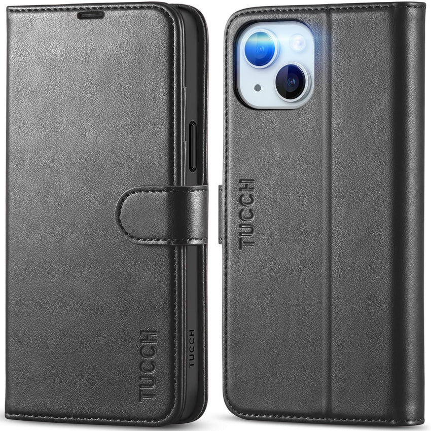 TUCCH Case Wallet for iPhone 15 Plus, [RFID Blocking] 4 Card Holder Kickstand [Shockproof TPU Interior Case] PU Leather Magnetic Protective Flip Cover 6.7", Black - 7DAY'S