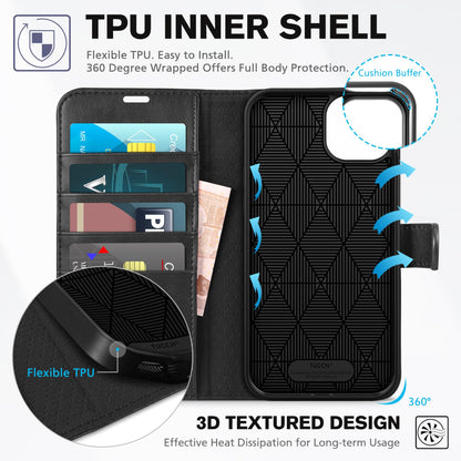 TUCCH Case Wallet for iPhone 15 Plus, [RFID Blocking] 4 Card Holder Kickstand [Shockproof TPU Interior Case] PU Leather Magnetic Protective Flip Cover 6.7", Black - 7DAY'S