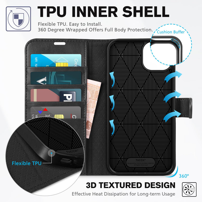 TUCCH Case Wallet for iPhone 15 Plus, [RFID Blocking] 4 Card Holder Kickstand [Shockproof TPU Interior Case] PU Leather Magnetic Protective Flip Cover 6.7", Black - 7DAY'S