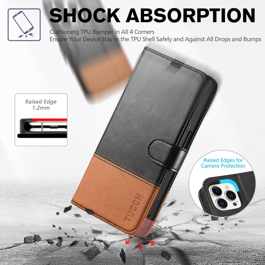 TUCCH Case Wallet for iPhone 15 Pro, RFID Blocking [4 Card Holder] Kickstand [Shockproof TPU Inner Shell] PU Leather Magnetic Protective Flip Cover 6.1" 2023, Black - 7DAY'S