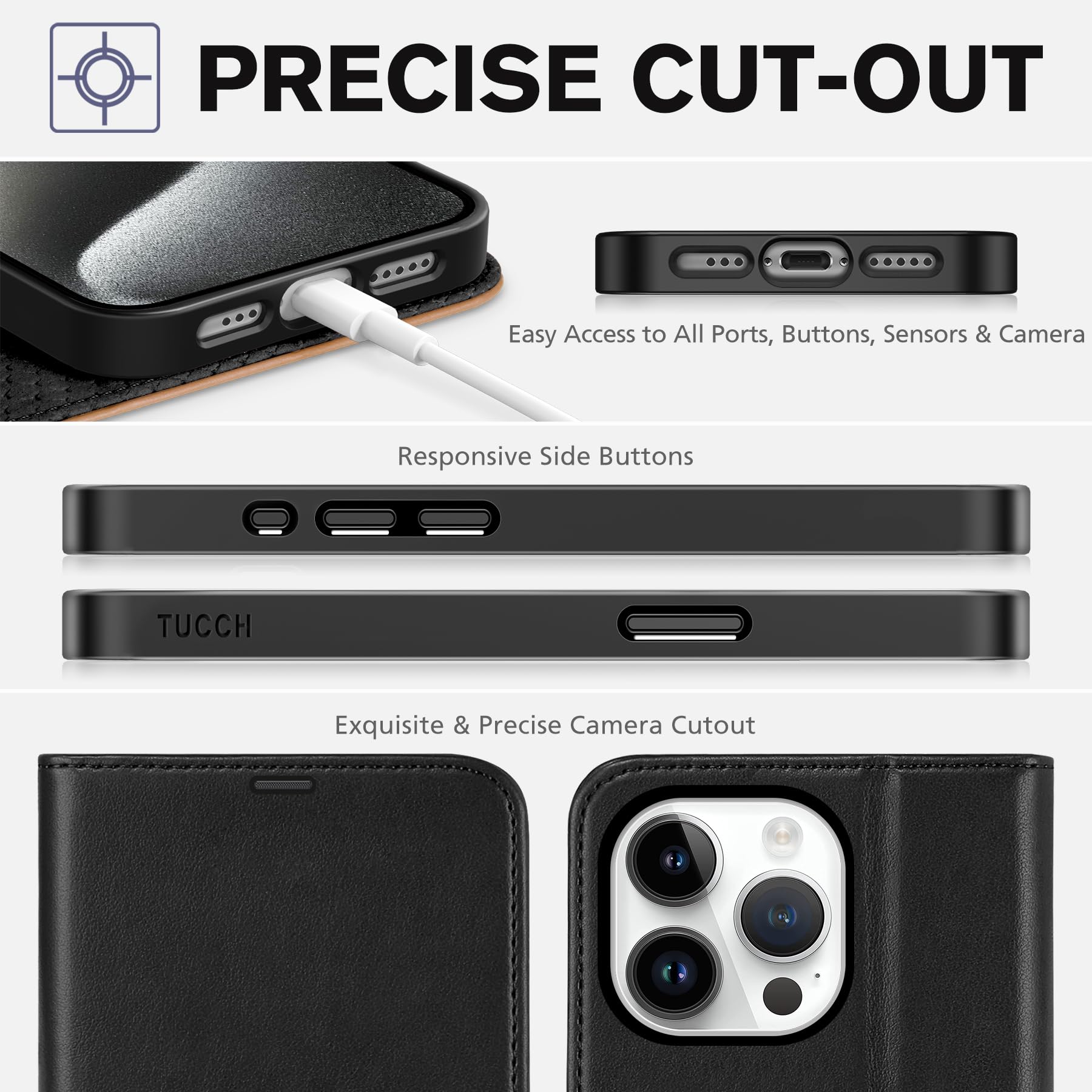 TUCCH Case Wallet for iPhone 15 Pro, RFID Blocking [4 Card Holder] Kickstand [Shockproof TPU Inner Shell] PU Leather Magnetic Protective Flip Cover 6.1" 2023, Black - 7DAY'S
