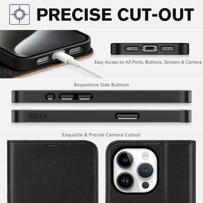 TUCCH Case Wallet for iPhone 15 Pro, RFID Blocking [4 Card Holder] Kickstand [Shockproof TPU Inner Shell] PU Leather Magnetic Protective Flip Cover 6.1" 2023, Black - 7DAY'S