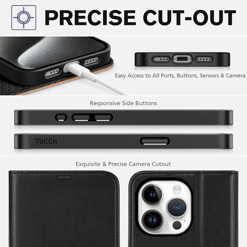 TUCCH Case Wallet for iPhone 15 Pro, RFID Blocking [4 Card Holder] Kickstand [Shockproof TPU Inner Shell] PU Leather Magnetic Protective Flip Cover 6.1" 2023, Black - 7DAY'S