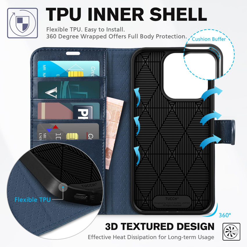 TUCCH Case Wallet for iPhone 15 Pro, RFID Blocking [4 Card Holder] Kickstand [Shockproof TPU Inner Shell] PU Leather Magnetic Protective Flip Cover 6.1" 2023, Black - 7DAY'S