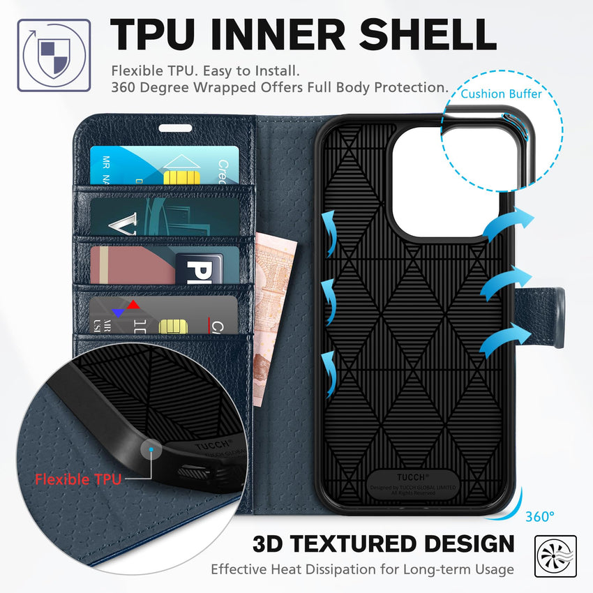 TUCCH Case Wallet for iPhone 15 Pro, RFID Blocking [4 Card Holder] Kickstand [Shockproof TPU Inner Shell] PU Leather Magnetic Protective Flip Cover 6.1" 2023, Black - 7DAY'S