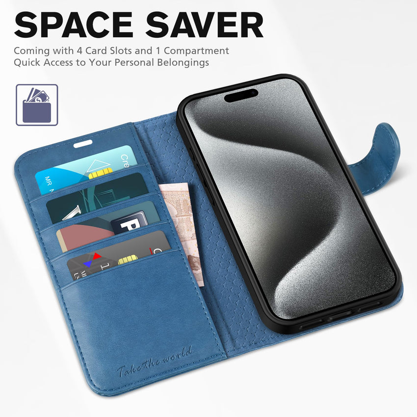 TUCCH Case Wallet for iPhone 15 Pro, RFID Blocking [4 Card Holder] Kickstand [Shockproof TPU Inner Shell] PU Leather Magnetic Protective Flip Cover 6.1" 2023, Black - 7DAY'S