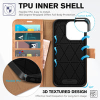 TUCCH Case Wallet for iPhone 15 Pro, RFID Blocking [4 Card Holder] Kickstand [Shockproof TPU Inner Shell] PU Leather Magnetic Protective Flip Cover 6.1" 2023, Black - 7DAY'S